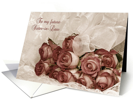 future sister-in-law-bridesmaid request-rose bouquet on lace card