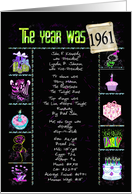 Birthday in 1961 fun trivia facts and party elements on black card