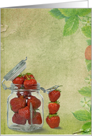 strawberries in glass jar with green texture overlay card