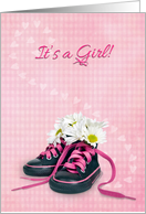 New Baby Girl Congratulations, daisy bouquet in sneakers on gingham card