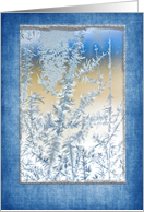ice crystal on window close up with blue and silver frame card