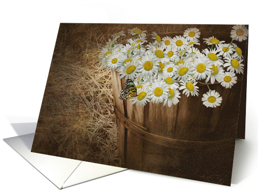 butterfly and white daisies in wooden basket card (777673)