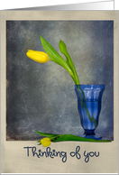 Thinking of You yellow tulip in a blue glass with textured background card