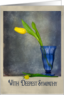 Yellow tulip in blue glass for sympathy card