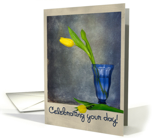 Name Day with yellow tulip in blue vase card (778894)