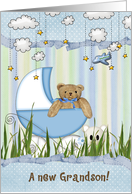 New Grandson, brown teddy bear in baby buggy with airplane card