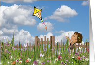 miss you-little girl flying a kite by a wooden fence with wildflowers card