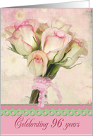 96th Birthday rose bouquet with ruffled gingham ribbon card