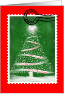 Christmas tree stamp with postmark and red frame card