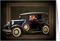 Anniversary for couple, vintage car in old fashioned frame card