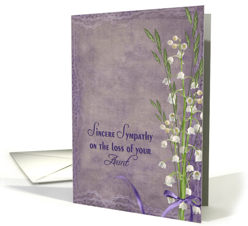 sympathy for loss of aunt, lily of the valley bouquet on purple card