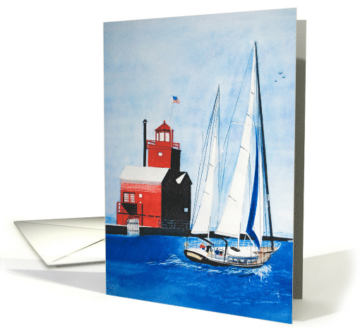 Red Michigan Lighthouse and Sailboat in Watercolor for Birthday card