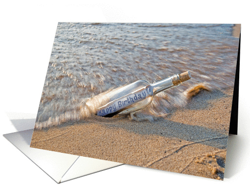 Happy Birthday message in a bottle on a beach card (842723)