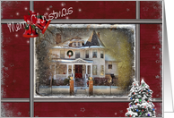 Christmas Victorian house with red and silver snowflake border card