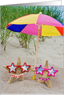 Mom’s Birthday, starfish with star sunglasses in beach sand card