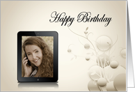 Electronic tablet Birthday photo card with contemporary sepia design card