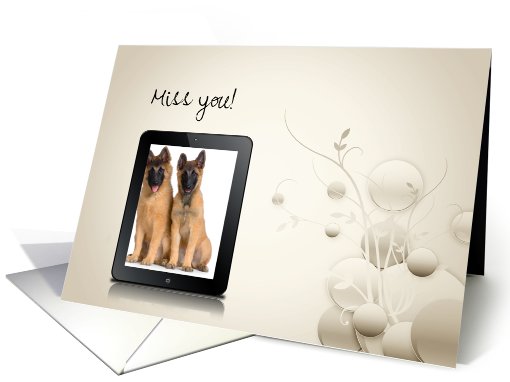 Miss You with electronic tablet and modern abstract design card