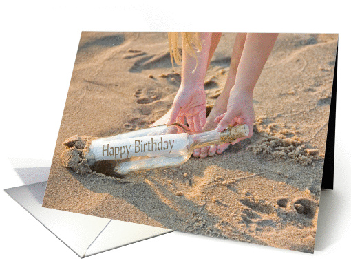 birthday message in a bottle in beach sand card (864096)