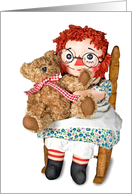 old rag doll with teddy bear in rocking chair card