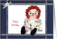 Friend’s Birthday old rag doll with daisy bouquet in denim frame card