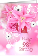 98th birthday pink rose and lily bouquet on bokeh background card