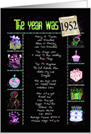 1952 birth year fun trivia with party elements on black with confetti card