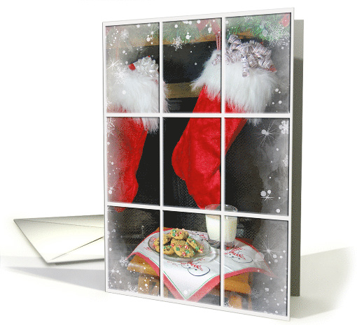 Christmas stocking with cookies and milk in window frame card (883592)