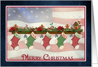 Military Merry Christmas stockings with flag background card