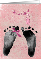 birth announcement, baby, girl, pink, footprint, infant card