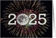 2024 New Year Clock in Full Moon with Fireworks on Black card