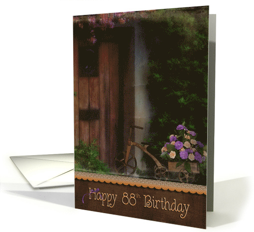 Retro Tricycle with Carnation Bouquet In a Cart for 88th Birthday card