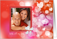 Valentine photo card with red frame, bokeh hearts and sparkles card