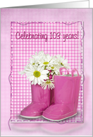 103rd birthday, pink boots with daisy bouquet on checked background card