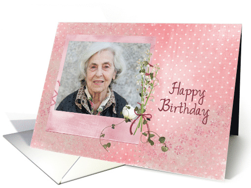 birthday photo card with lily of the valley bouquet on pin dots card