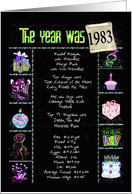 Birthday in 1983 with fun facts and party elements on black card