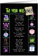 1963 Birthday fun facts with party elements on black card