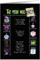 Birthday year 1923 fun trivia facts with party elements on black card