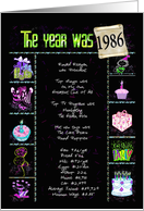 Birthday in 1986 fun trivia facts with party elements on black card