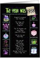 Birthday in 1958 fun trivia facts with party elements on black card