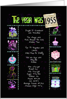 1955 Birthday year with fun trivia and party elements on black card