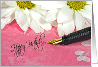 Happy Birthday message with fountain pen and daisies for Cousin card