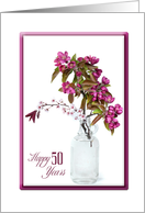 50th birthday-crab apple bouquet in vintage bottle on white card