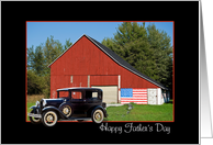 Brother on Father’s Day vintage car with red barn and American flag card