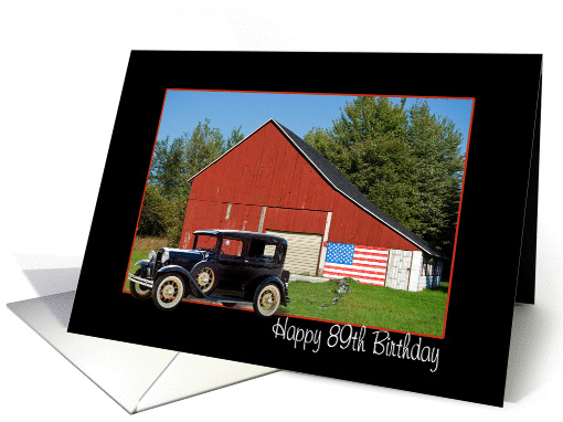 vintage car with patriotic red barn for 89th birthday card (930899)