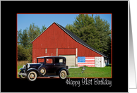 vintage car with patriotic red barn for 91st birthday card