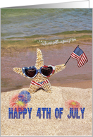 Happy 4th of July starfish on the beach with American flag card