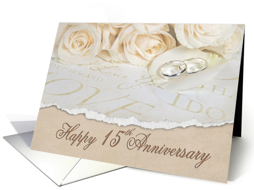 15th wedding anniversary white roses and rings card (945247)