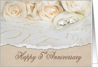 5th wedding anniversary white roses and rings card