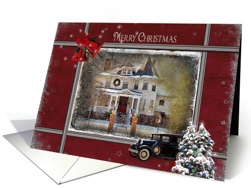 Christmas for parents with Victorian house and old car in snow card