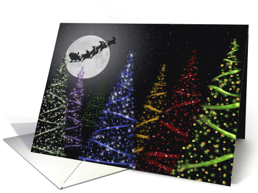 Christmas Trees and Full Moon with Santa and Reindeer card (993833)